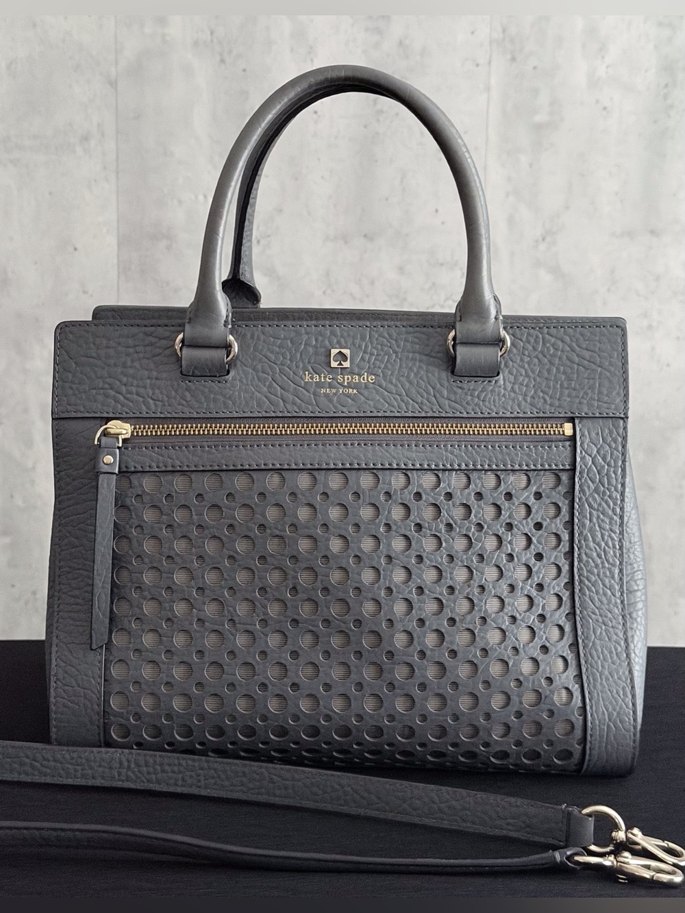 Kate Spade Perri Lane Grey Perforated Leather Satchel  Crossbody Shoulder Bag